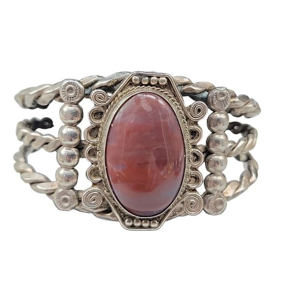 Agate Sterling Silver Open Cuff Bracelet Red Cabachon Detailed 925 Design SZ 6 - Picture 7 of 16